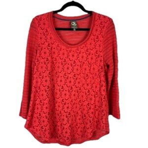 One September Boho Floral Lace Front Sheer Back Top Medium Coral
